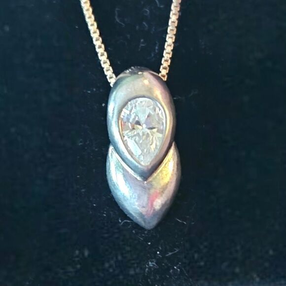 Vintage Sterling Silver 925 Double Teardrop Italy Sparkling Pendant Necklace - Picture 5 of 9